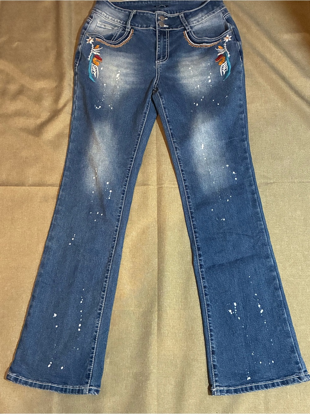 Flamingals Mid-rise Bootcut Embroidered Paint Splatter Denim Jeans Embellished L - Picture 6 of 13